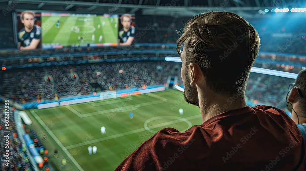 a man watching a soccer game on TV just next to a man watching a soccer game in the stadium