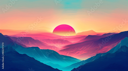 Develop a minimalist poster design with subtle imagery and typography against the colorful sunset gradient. photo