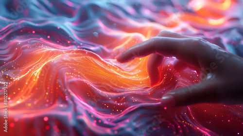 A hand touching a colorful, glowing surface. photo
