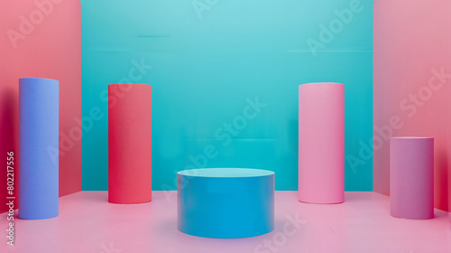 Composition with empty showcase pedestals on color background