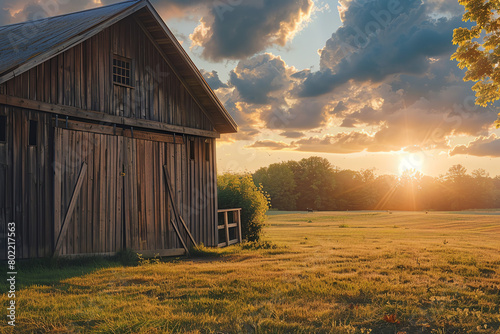 A wooden barn at sunset with colorful clouds in a rural landscape photo