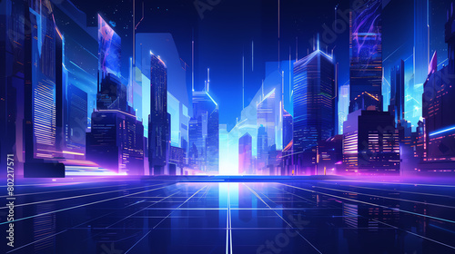 Abstract digital city vector illustration, neon lights and futuristic architecture, spacethemed hightech background for banners