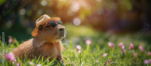 A capybara in a hat and glasses rests on the grass.