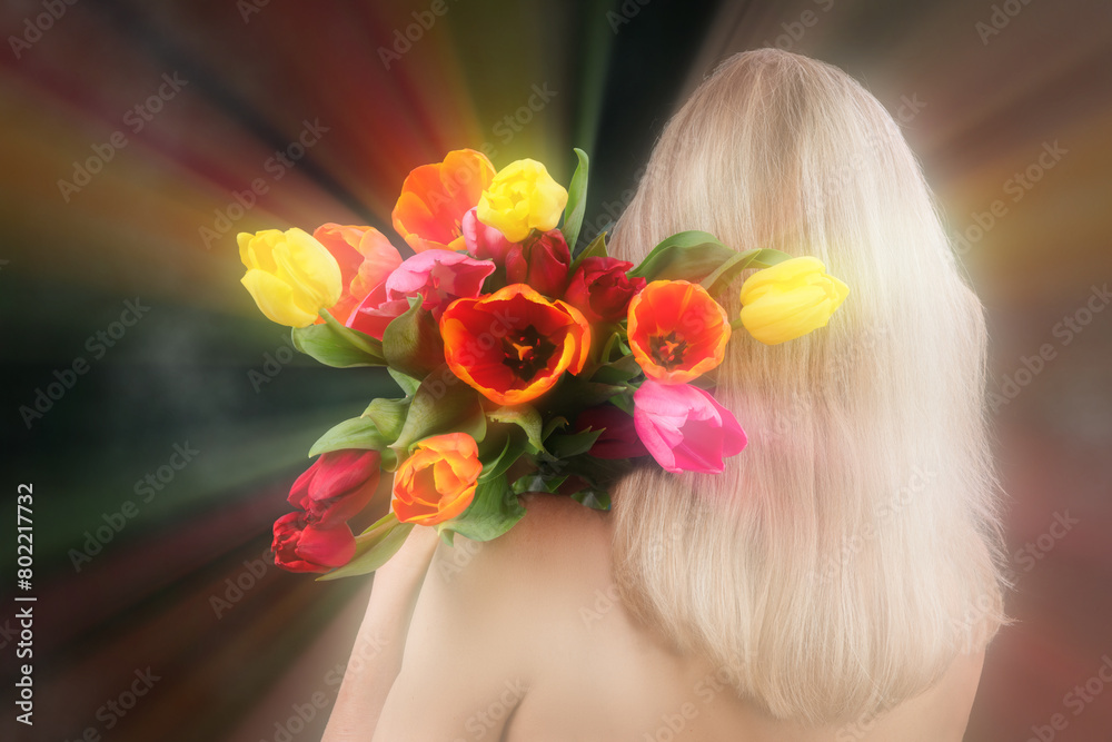 Naklejka premium Behind the blonde's back is a bouquet of flowers on a blurred background of optical smoke rays. Conceptual women's beauty and health.