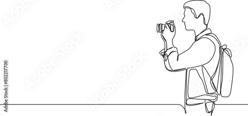 continuous single line drawing of man holding DSLR camera, line art vector illustration