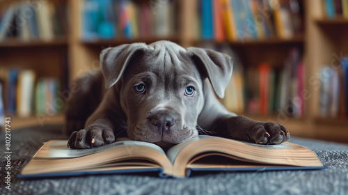 Perro cachorro tumbado sobre un libro photo