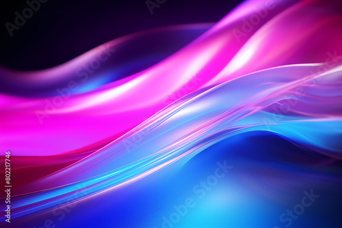 Abstract digital wallpaper with swirling pink and blue neon lines and shimmering bokeh lights, futuristic data transfer concept