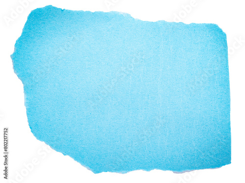 Isolated cut out torn piece of blank blue paper note cardboard with texture and copy space for text on white or transparent background