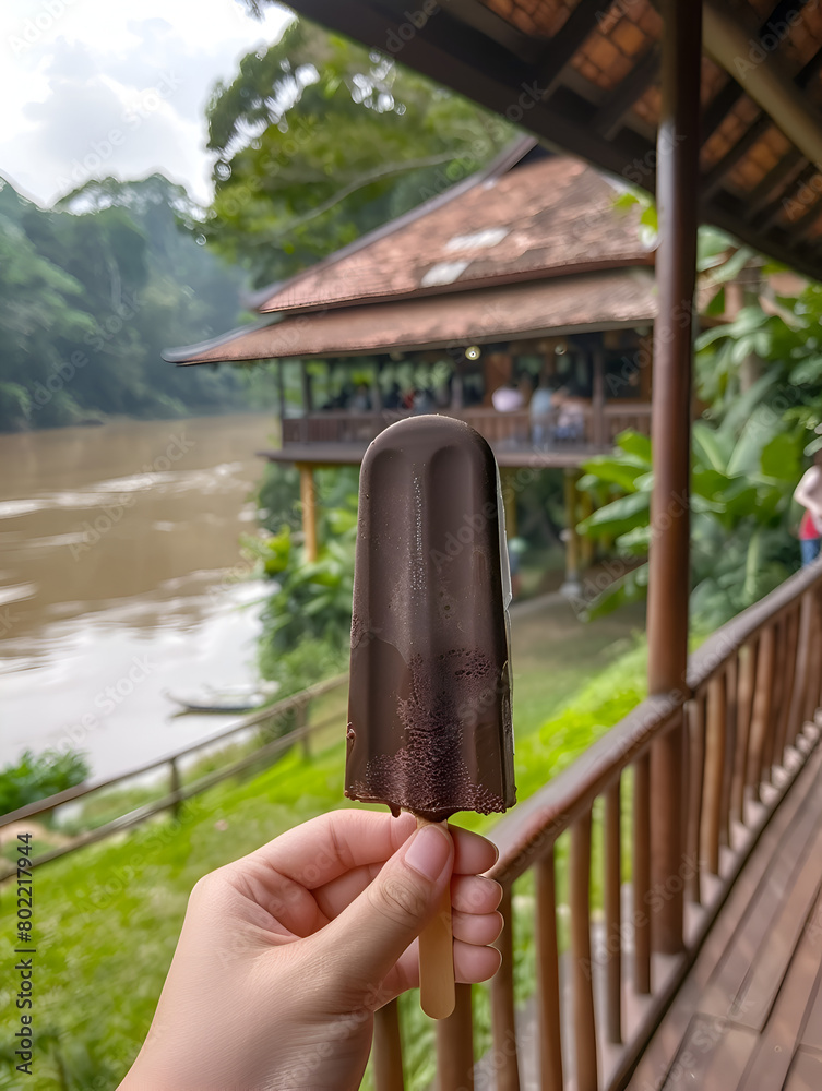 A person holding a stick with a chocolate ice cream on it. The person is standing on a balcony overlooking a river. Generative AI A person holding a stick with a chocolate ice cream on it. The person is standing on a balcony overlooking a river. Generative AI