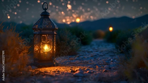 A lamp of wishes emitting soft, guiding light on a hypermodern desert path, symbolizing hope in future Ramadan nights photo