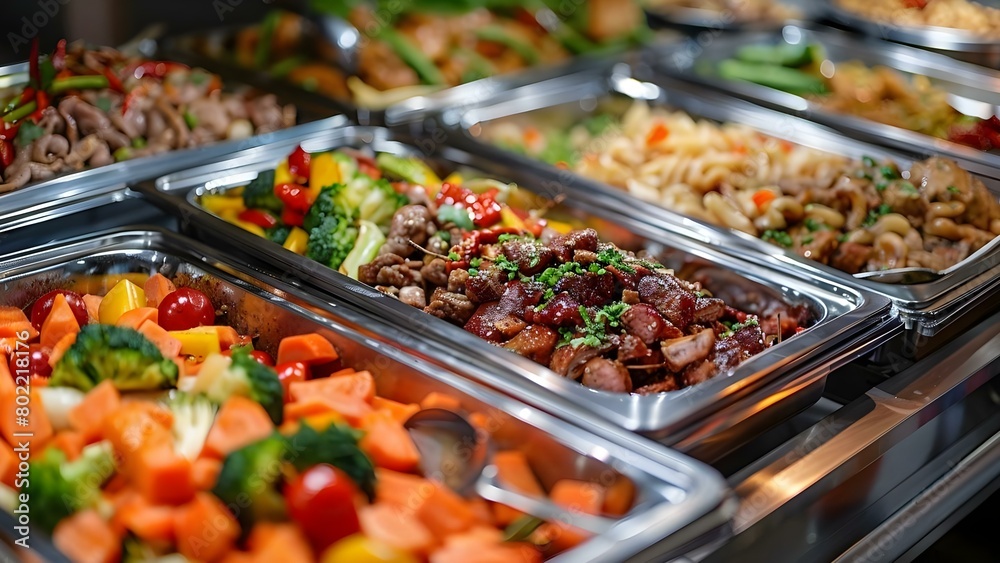 Delicious and Diverse Catering Buffet Featuring Vibrant Meat and Vegetable Dishes. Concept Catering, Buffet, Meat Dishes, Vegetable Dishes, Vibrant Flavors Delicious and Diverse Catering Buffet Featuring Vibrant Meat and Vegetable Dishes. Concept Catering, Buffet, Meat Dishes, Vegetable Dishes, Vibrant Flavors