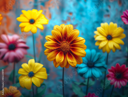 A colorful bouquet of flowers with a yellow flower in the center