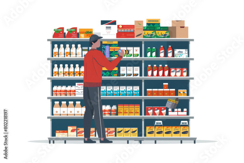 Grocery Store Employee Replenishing Shelves On Transparent Background.