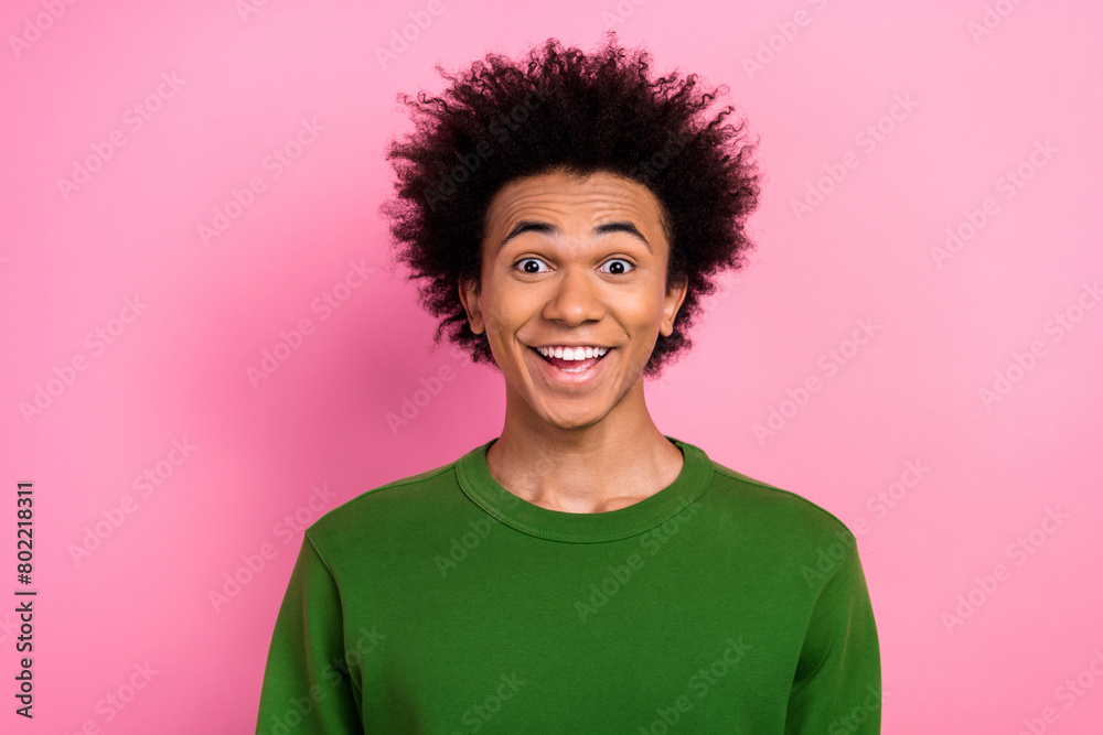 Photo of happy positive man look impressed in camera isolated pastel color background Photo of happy positive man look impressed in camera isolated pastel color background