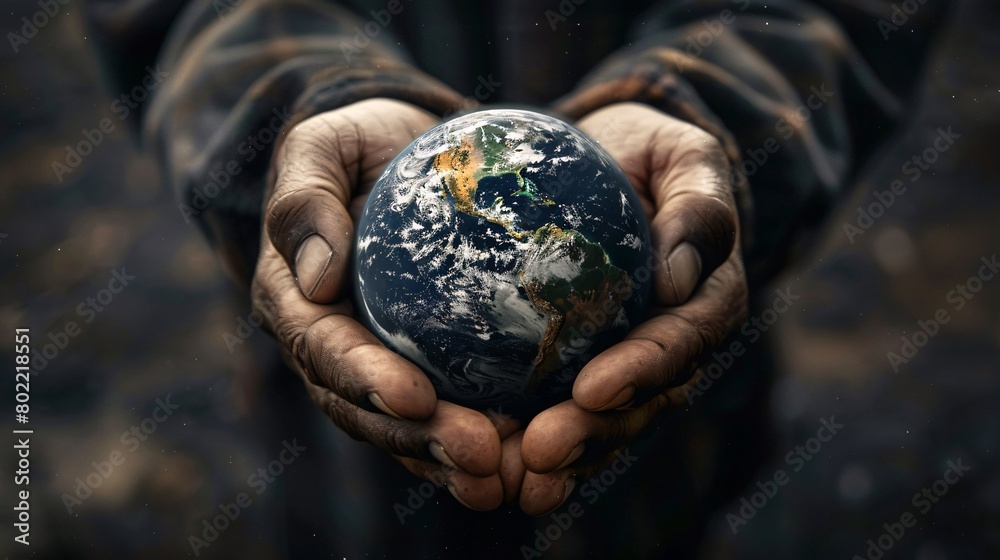 Photorealistic hands holding planet earth