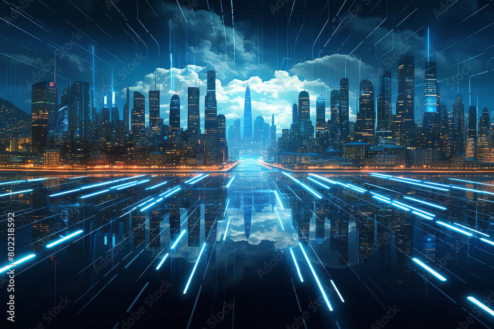 Endless stream of digital code flowing through a futuristic cityscape, neonlit, dynamic view