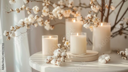 Chic Table Setting with Cotton Flowers, Aroma Candles, and Light Wall Banner for Design Inspiration