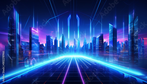 Futuristic cityscape vector illustration, urban architecture with glowing neon effects, space elements, hightech background concept