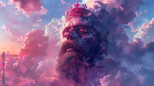 A painting of Zeus, the king of the gods, with a crown on his head, made of clouds. photo