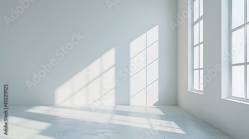 3D rendering of an empty room with white walls and a wooden floor. There is a window on the right side   and sunlight is coming in through it. 