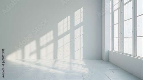3D rendering of an empty room with white walls and a wooden floor. There is a window on the right side   and sunlight is coming in through it. 