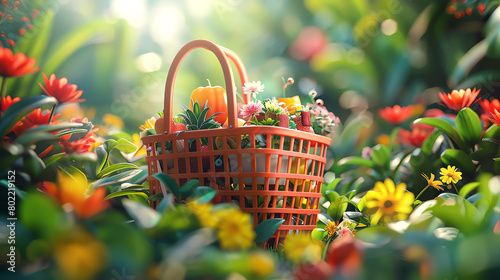 A photo of a basket full of fruits and vegetables in a field of flowers.