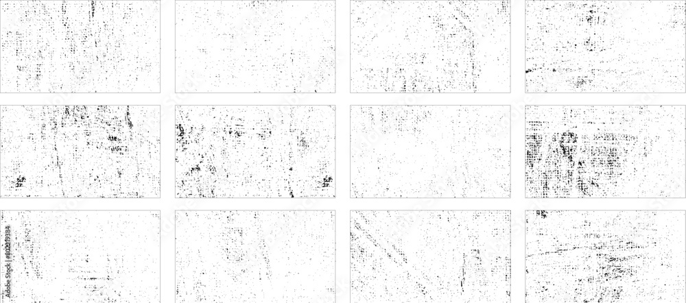 Overlay textures set stamp with grunge effect. Old damage Dirty grainy and scratches. Set of different distressed black grain texture. Distress overlay vector textures.	