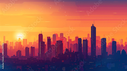 Develop a dynamic city skyline illustration with bold outlines against the vibrant sunset gradient.