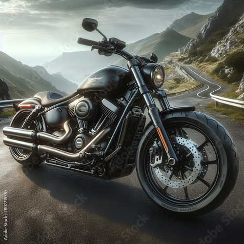 wide-angle image of a motorcycle  placed in a mountainous setting with twisty road