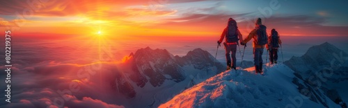 Panoramic view of people holding hands and helping each other to reach the top of the mountain in spectacular mountain sunset landscape  team of people forming ladder shape overcome obstacles together