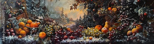Craft a traditional oil painting depicting a birds-eye view of a winter scene, with a cozy market stall displaying a variety of seasonal fruits like juicy oranges, crimson cranberries, and succulent g photo