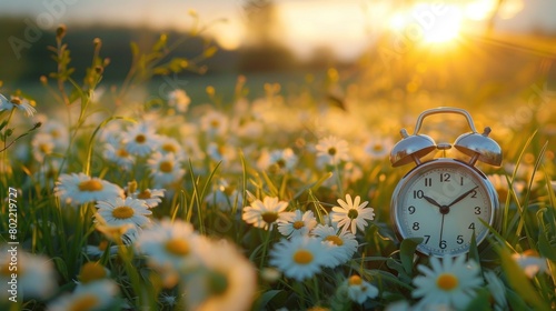 Spring Forward: Daylight Saving Time Alarm Clock on Beautiful Nature Background with Green Grass and White Flowers Meadow, Turning Clock Forward One Hour