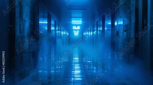 Blue-illuminated preservation chambers in a dark corridor  reflecting a cold state of suspended animation.