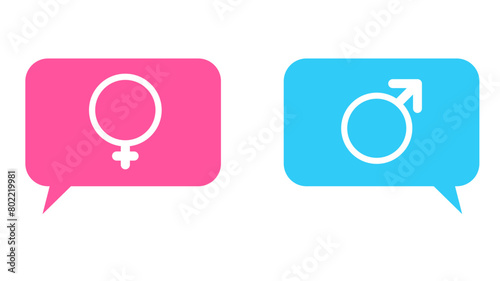 Male and female gender symbols in pink and blue speech bubbles - stock vector svg