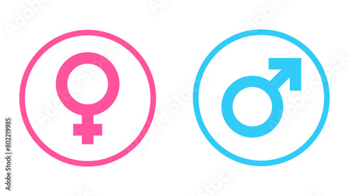 Male and female gender symbols in pink and blue inside circles - stock vector svg