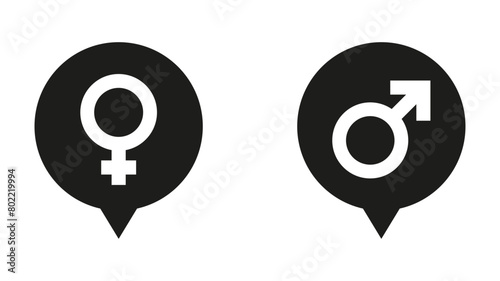 Black male and female gender symbols in map marker shapes - stock vector svg photo