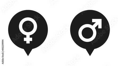 Black male and female gender symbols in map marker shapes - stock vector svg