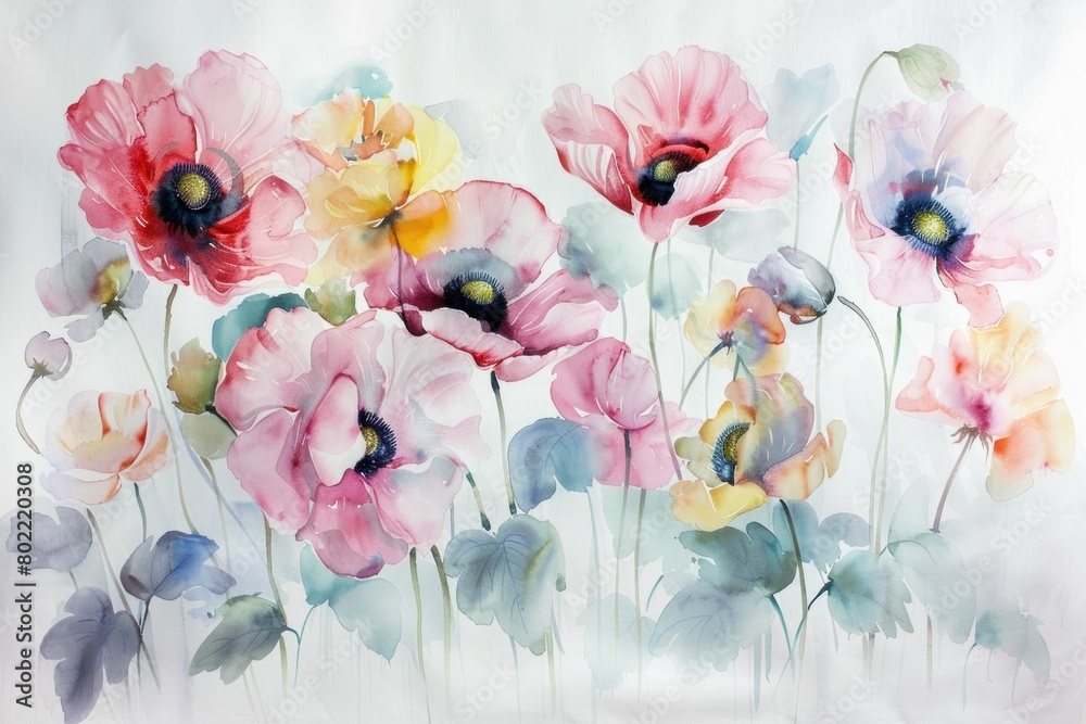 Watercolor painting of vibrant poppies and delicate blue and pink flowers on a clean white background Watercolor painting of vibrant poppies and delicate blue and pink flowers on a clean white background