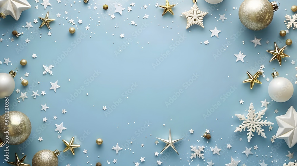 Fototapeta premium Merry Christmas and Happy Holidays card template with mockup space. Flyer or paper design featuring light blue background, white snowflakes, gold stars, and festive decorations.