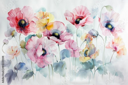 Watercolor painting of vibrant poppies and delicate blue and pink flowers on a clean white background