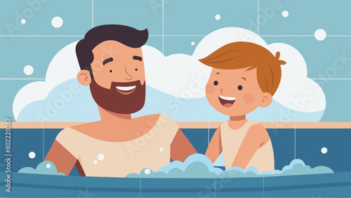 A father and son lounging in a bubbling hot tub laughing and enjoying each others company..