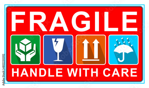 Fragile package icons set, handle with care logistics and delivery shipping labels. Fragile box. Just Print and Use, Vector