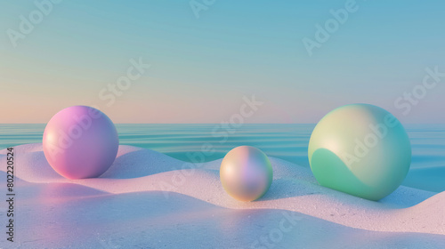 Multicolored three spheres on a blue beach. Surreal pastel balls on a sandy beach with tranquil sea backdrop. Serenity and simplicity concept.