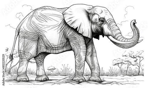 Black and white illustration for coloring animals  elephant.