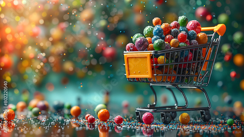 A shopping cart full of colorful candy against a blurry background of falling candy. photo