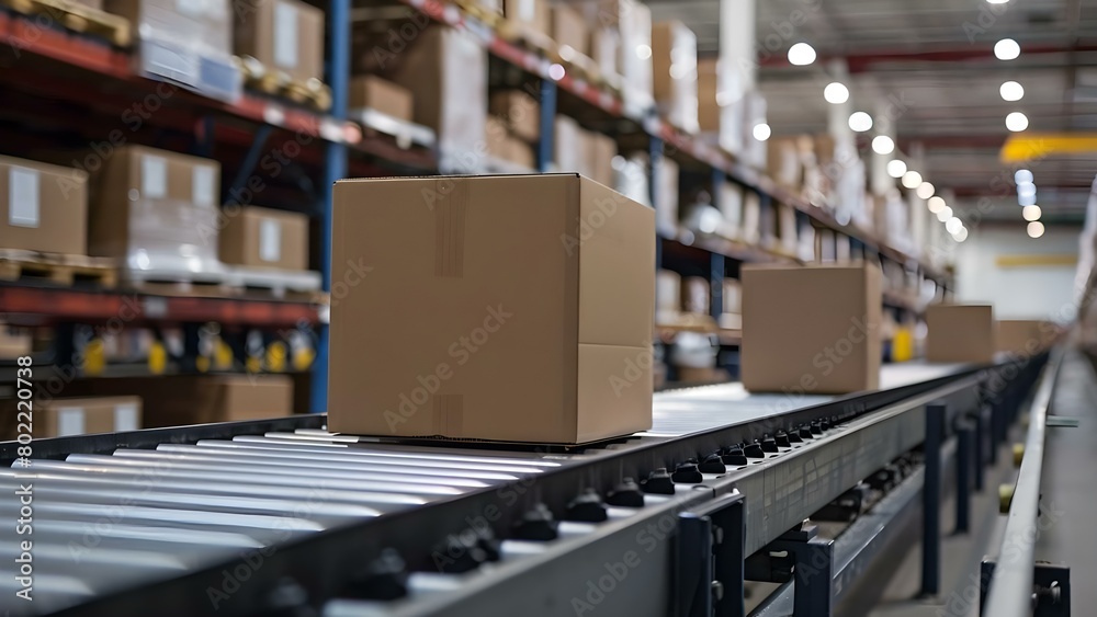 Moving Cardboard Boxes on Conveyor Belt in Warehouse for E-commerce Delivery. Concept Warehouse logistics, E-commerce delivery, Conveyor belt, Cardboard boxes, Moving inventory Moving Cardboard Boxes on Conveyor Belt in Warehouse for E-commerce Delivery. Concept Warehouse logistics, E-commerce delivery, Conveyor belt, Cardboard boxes, Moving inventory