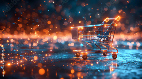 A shopping cart made of orange light trails on a blue surface against a background of falling orange sparkles. photo