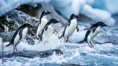 Adelie penguin jumping on ice floes