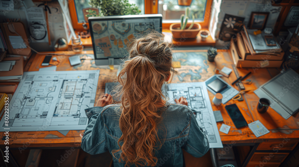 an architect girl at work in front of a computer, top view an architect girl at work in front of a computer, top view