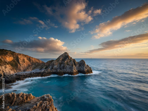 a captivating maritime panorama, Showcase the allure of rocky formations jutting out of the sea, against the backdrop of an endless sky. © xKas